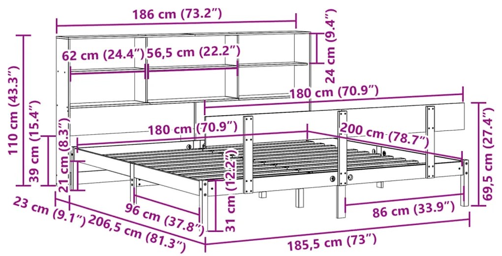 Κρεβάτι Βιβλιοθήκη Χωρίς Στρώμα 180x200 εκ Μασίφ Ξύλο Πεύκου - Καφέ