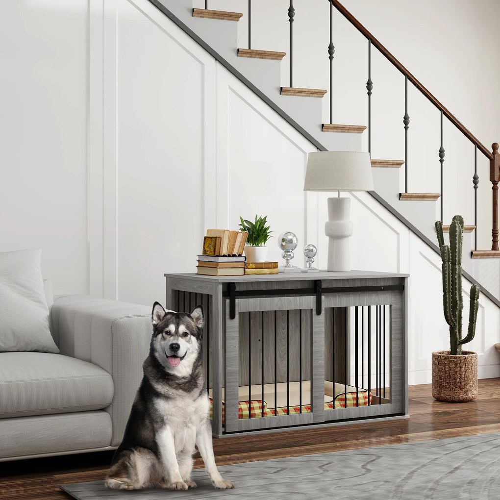 PawHut Κλουβί Σκύλου με Συρόμενη Πόρτα, Αερισμός, Πλάκα Μοριοσανίδων και Ατσάλι, 98 x 58 x 61 cm, Γκρι