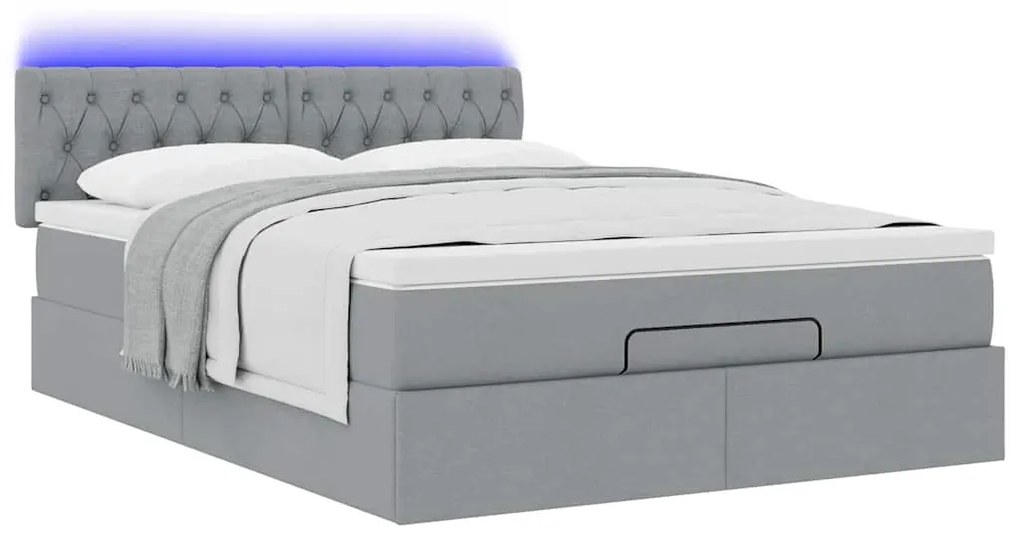 vidaXL Οθωμανικό κρεβάτι με στρώμα & LEDs Ανοιχτό γκρι ύφασμα