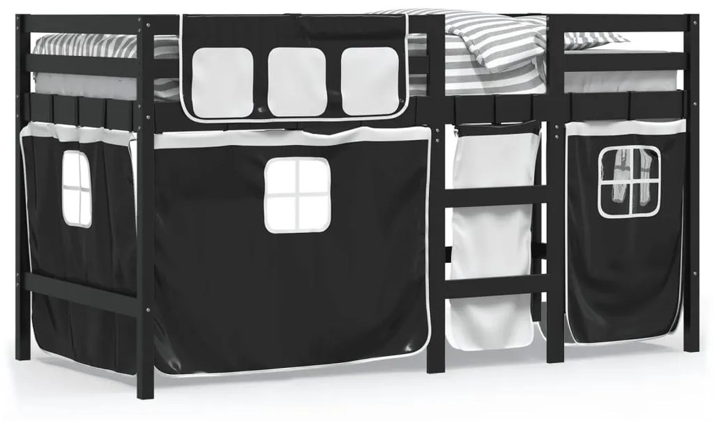 Υπερυψ. Κρεβάτι με Κουρτίνες Λευκό/Μαύρο 90x190 εκ. Μασίφ Πεύκο - Λευκό
