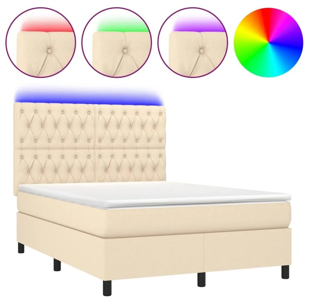 Κρεβάτι Boxspring με Στρώμα &amp; LED Κρεμ 140x190 εκ. Υφασμάτινο - Κρεμ