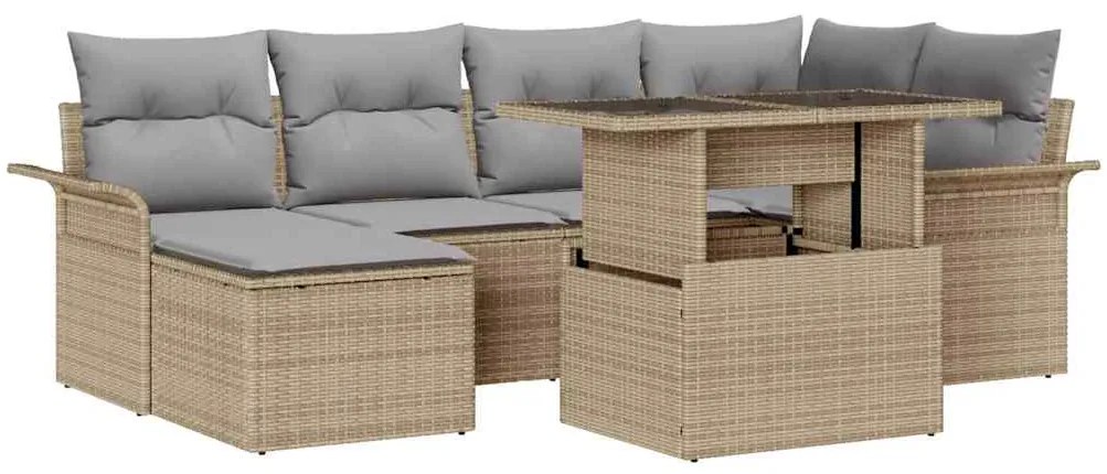 vidaXL Σετ Καναπέ Κήπου με μαξιλάρι 7 pcs Μπεζ Πολυ ράταν