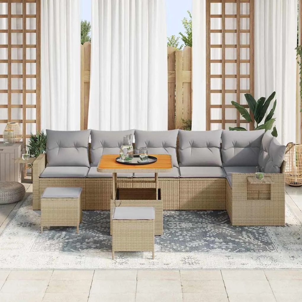 vidaXL Σετ Καναπέ Κήπου Ρυθμιζόμενο ύψος 9 pcs Μπεζ συνθετικό ρατάν