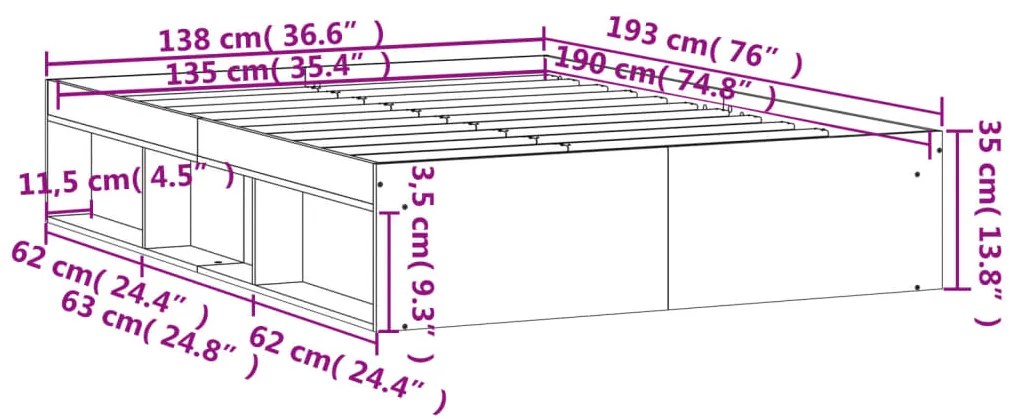 Πλαίσιο Κρεβατιού Καπνιστή Δρυς 135x190 εκ. Double - Καφέ