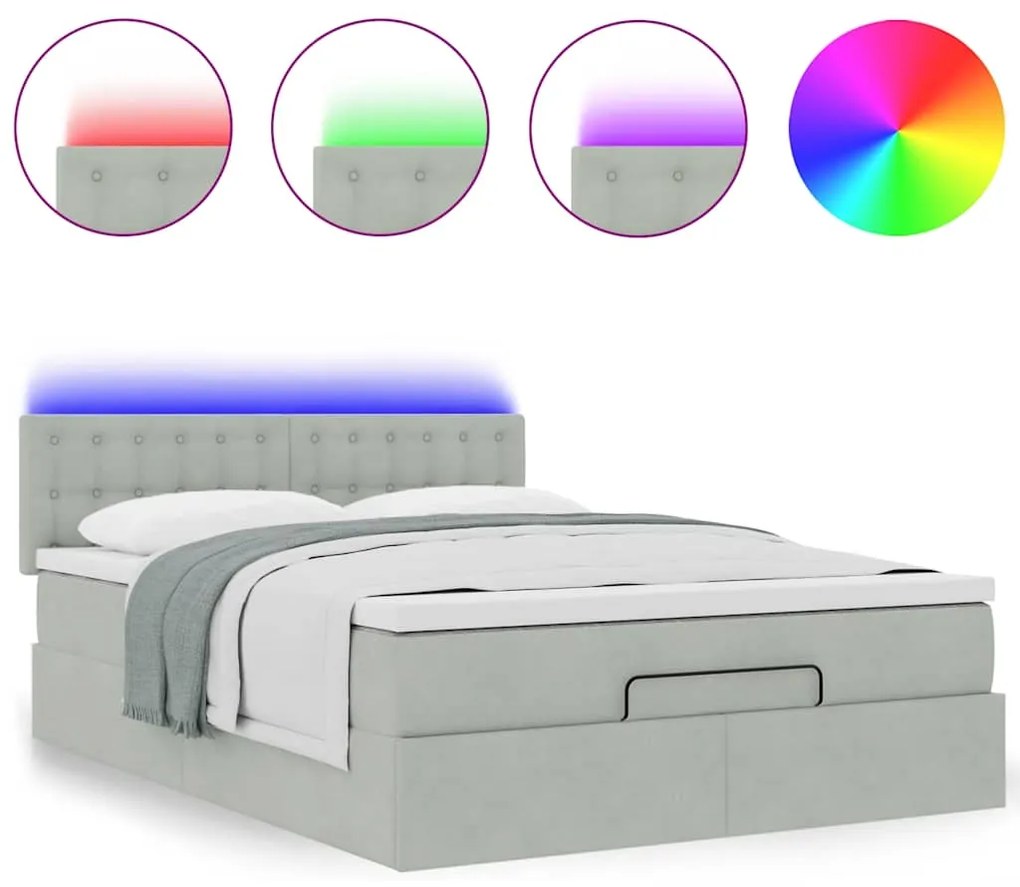 vidaXL Οθωμανικό κρεβάτι με στρώμα & LEDs Ανοιχτό γκρι Βελούδο