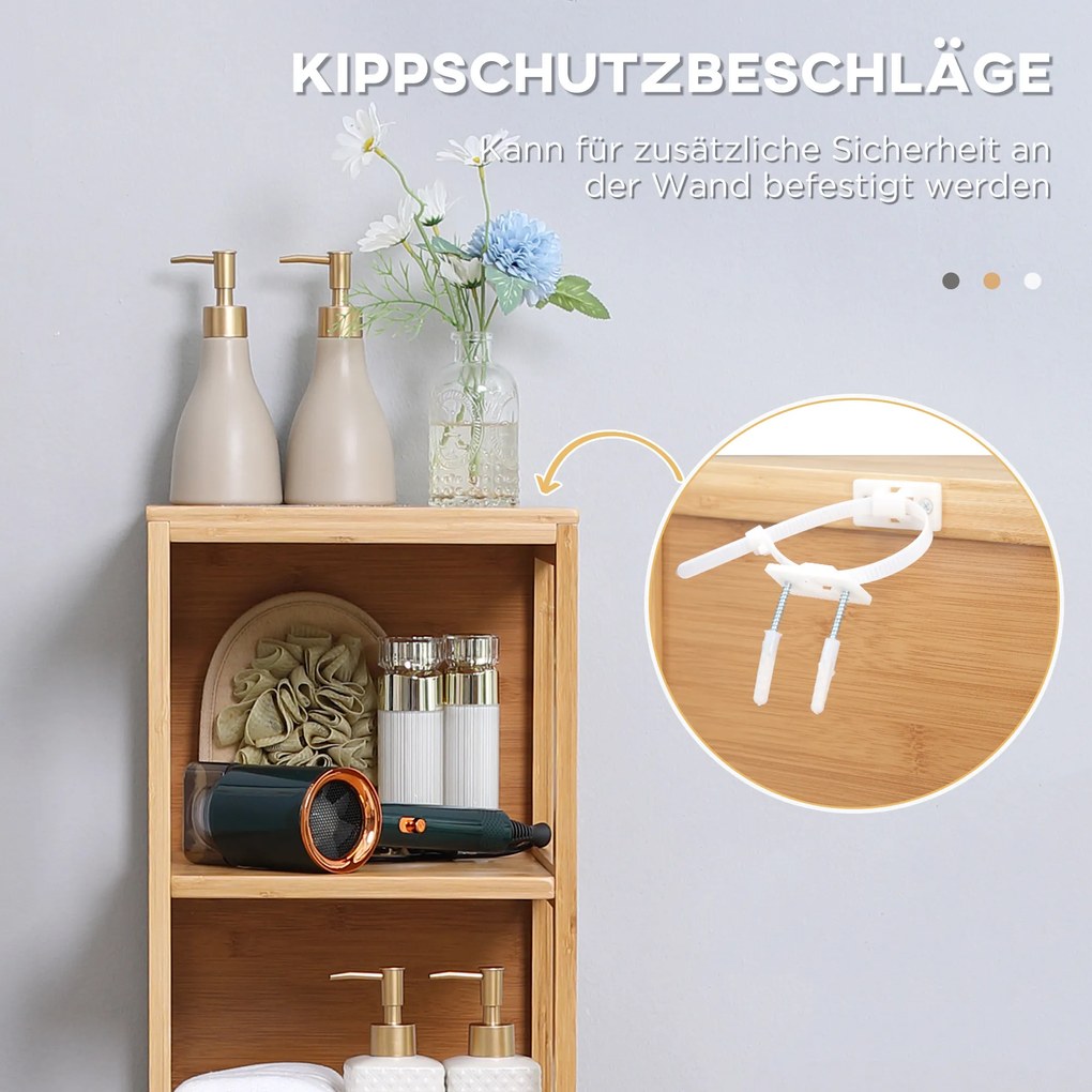 kleankin Ντουλάπι μπάνιου, 3 ράφια, 2 συρτάρια, Μπαμπού, 30 cm x 30 cm x 140 cm, Φυσικό