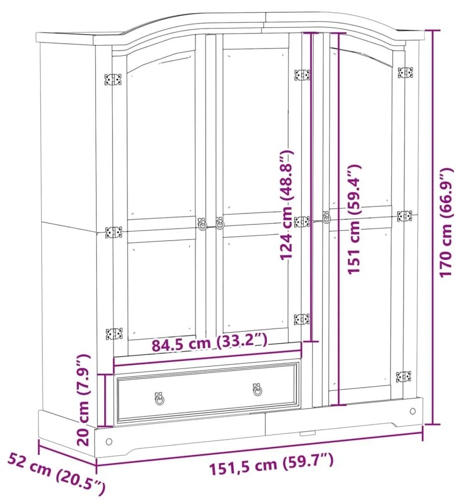 Ντουλάπα Corona 151,5 x 52 x 170 εκ. από Μασίφ Ξύλο Πεύκου - Καφέ