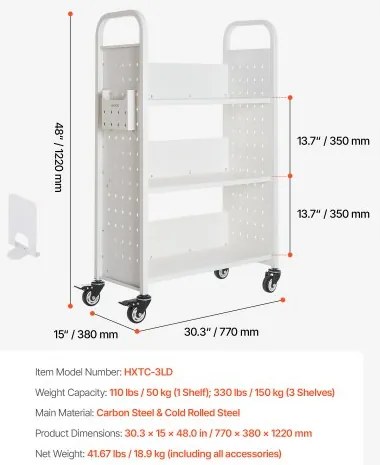 VEVOR 3-Tier Rolling Book Cart Single Sided L-Shaped Shelves Book Truck in White
