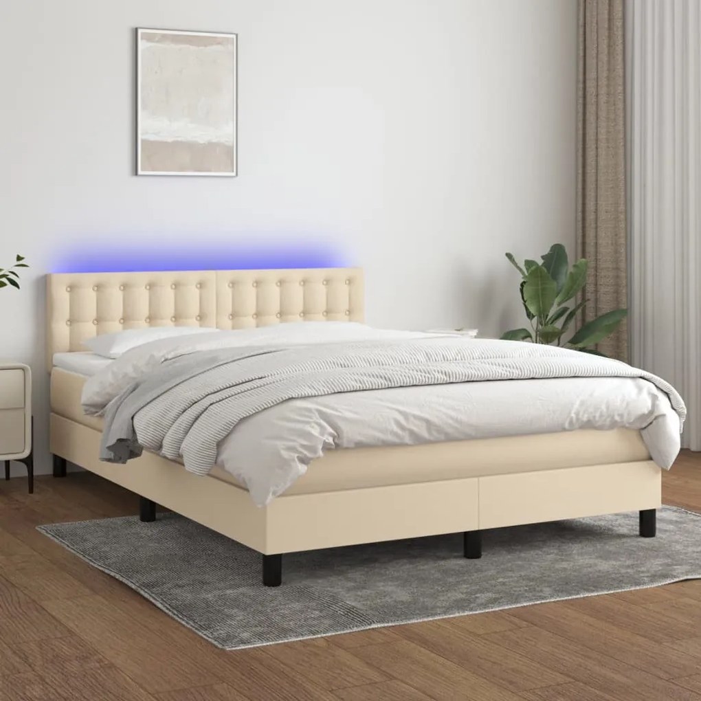 vidaXL Κρεβάτι Boxspring με Στρώμα & LED Κρεμ 140x200 εκ. Υφασμάτινο