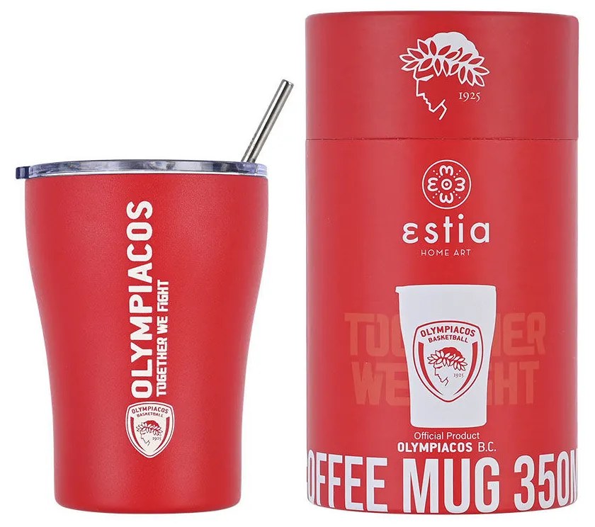 Estia 00-13264 Coffee Mug Olympiacos B.C. Ποτήρι Θερμός με Καλαμάκι Κόκκινο 350ml