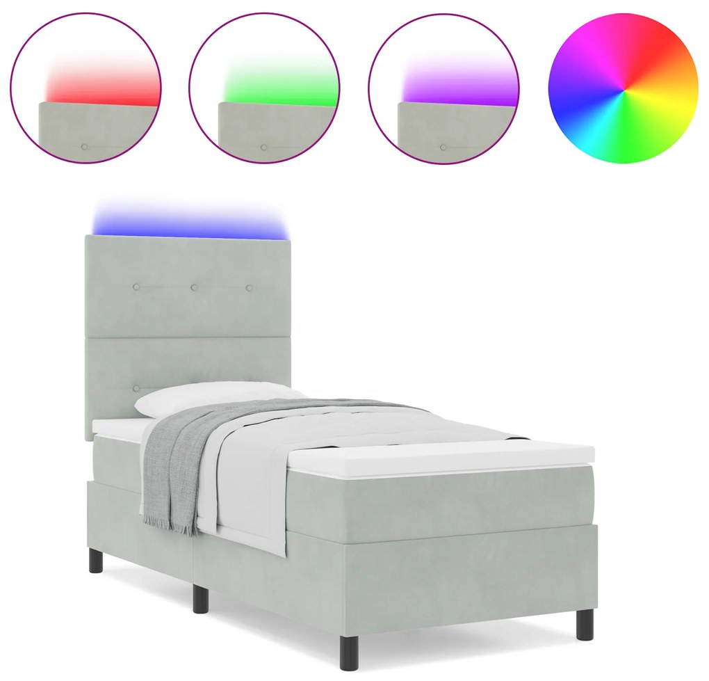 vidaXL κρεβάτι Box Spring με στρώμα & LED γκρι 90x190 εκ. βελούδο