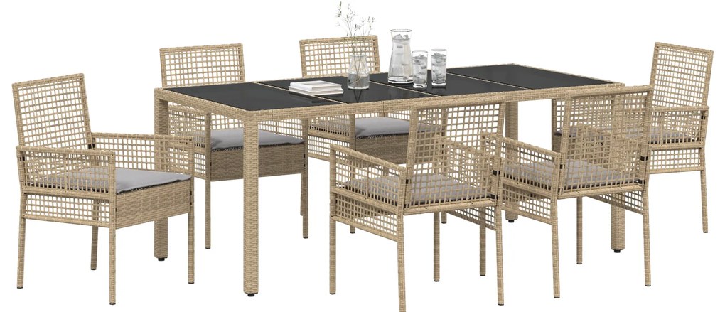 vidaXL Set Τραπεζαρίας 7 Τεμαχίων με Μαξιλάρια Μπεζ Πολυ Ράττανα
