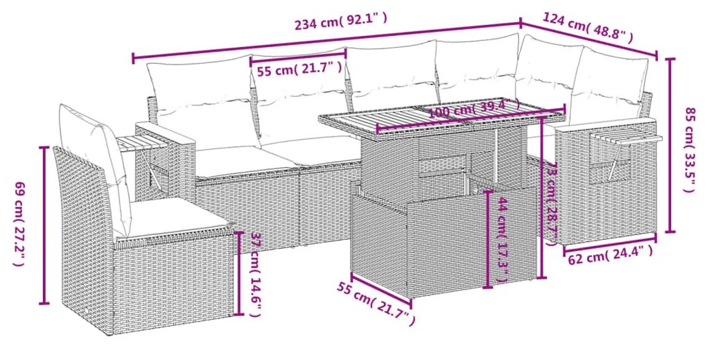 vidaXL Καναπές Σετ 7 Τεμαχίων Μαύρο Συνθετικό Ρατάν με Μαξιλάρια