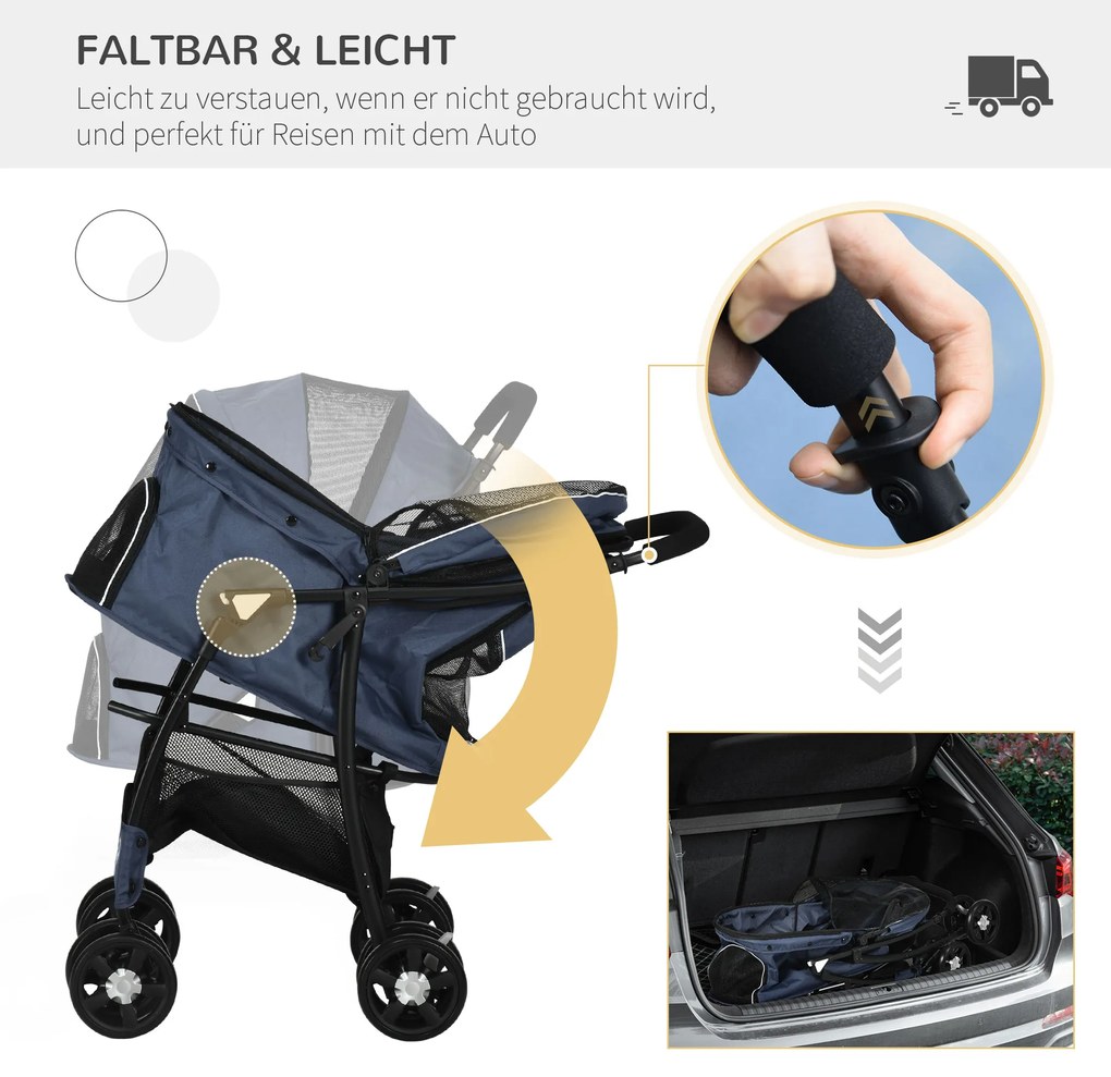 PawHut Καρότσι σκύλου, έως 10 kg, αναδιπλούμενο, καλάθι κάτω, μαξιλάρι, πλαϊνή τσέπη, 81 cm x 48 cm x 99 cm, Γκρι