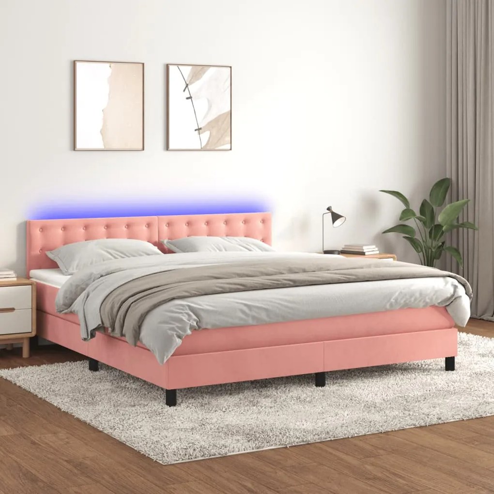 vidaXL Κρεβάτι Boxspring με Στρώμα & LED Ροζ 180x200 εκ. Βελούδινο