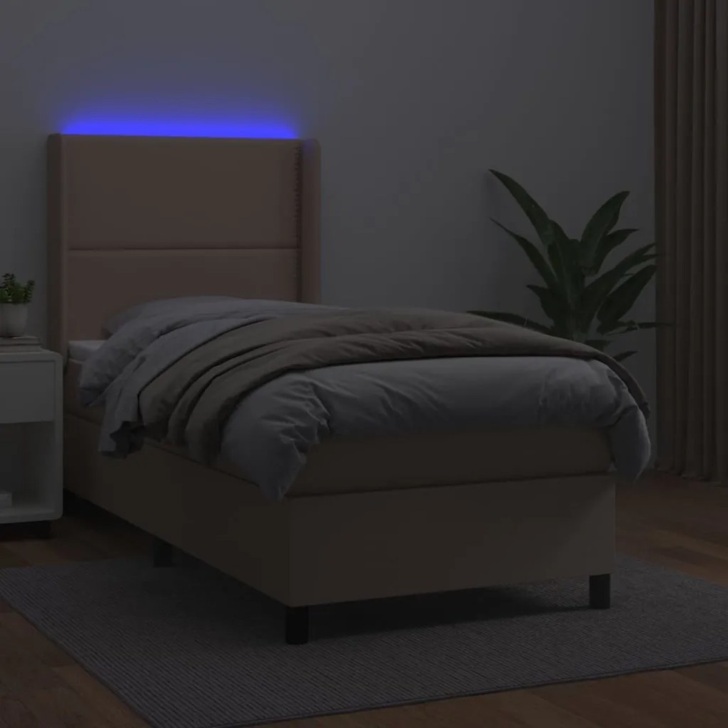 vidaXL Κρεβάτι Boxspring Στρώμα&LED Καπουτσίνο 90x190 εκ. Συνθ. Δέρμα