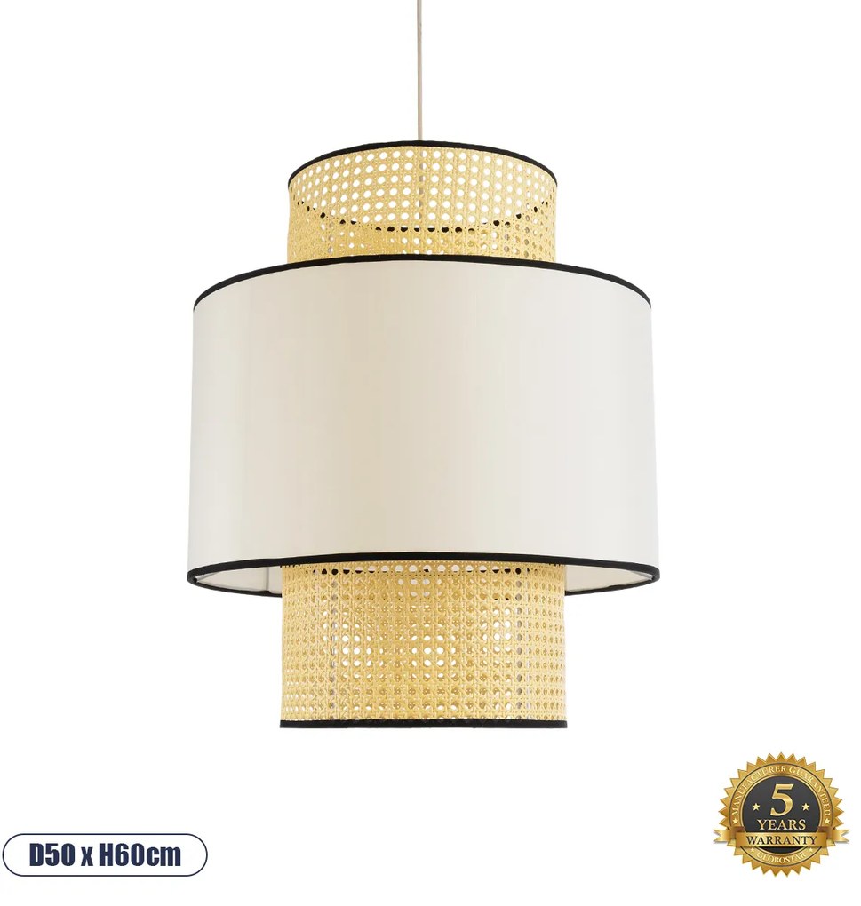 01917 GloboStar®  SAIGE 01917 Boho Κρεμαστό Φωτιστικό Πλέγμα Μονόφωτο 1 x E27 IP20 Μπεζ Ξύλο με Μπεζ &amp; Μαύρο Ύφασμα - Μ50 x Π50 x Υ60cm