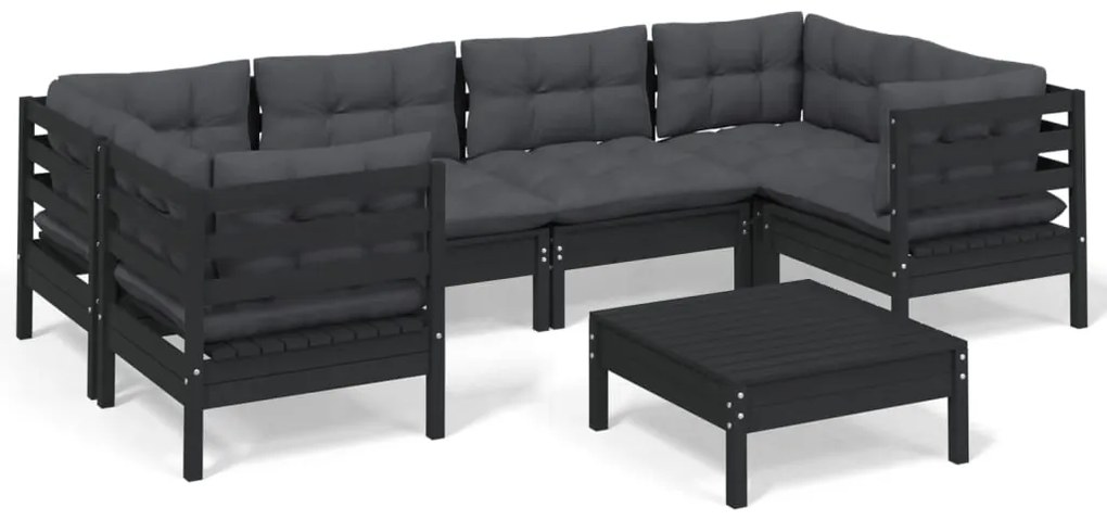 vidaXL Σαλόνι Κήπου Σετ 7 Τεμαχίων Μαύρο από Ξύλο Πεύκου με Μαξιλάρια