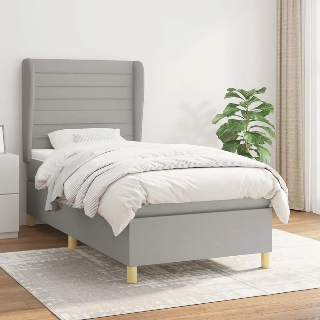 vidaXL Κρεβάτι Boxspring με Στρώμα Ανοιχτό Γκρι 90x200 εκ. Υφασμάτινο