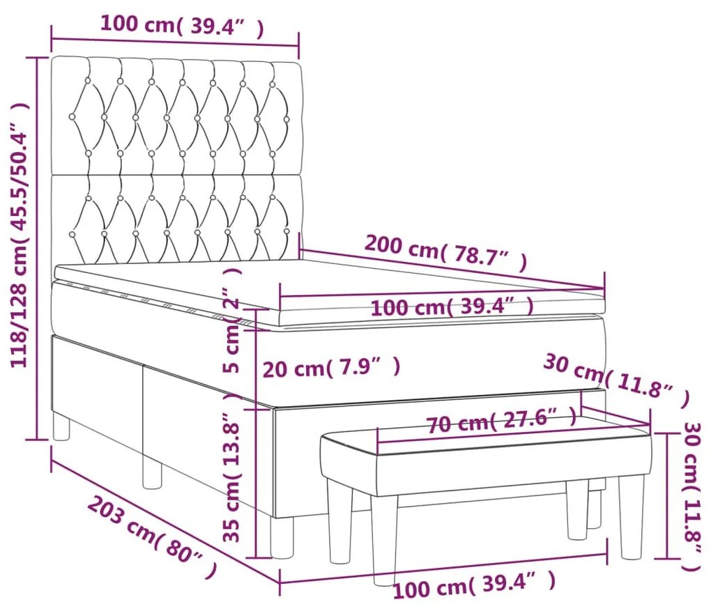 Κρεβάτι Boxspring με Στρώμα Σκούρο Γκρι 100x200 εκ. Βελούδινο - Γκρι