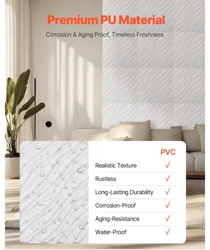 VEVOR 3D Wall Panels 12-Pack 19.7x19.7&#039;&#039; PVC 32 Sq.Ft Coverage Wave Matte White