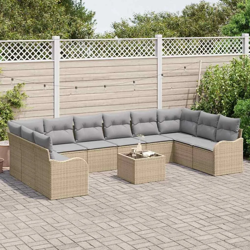 vidaXL Σετ Καναπέ Κήπου με μαξιλάρι 11 pcs Μπεζ Πολυ ράταν
