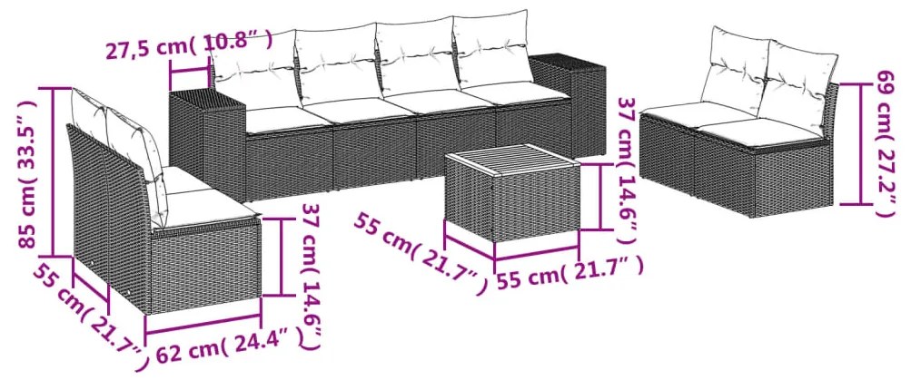 vidaXL Σαλόνι Κήπου Σετ 9 Τεμαχίων Μαύρο από Συνθ. Ρατάν με Μαξιλάρια