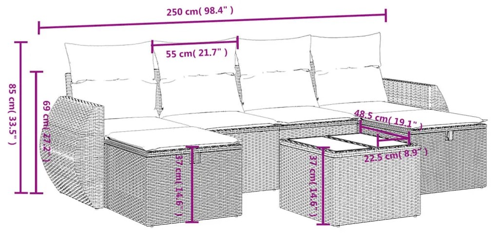 vidaXL Σαλόνι Κήπου Σετ 6 Τεμαχίων Γκρι Συνθετικό Ρατάν με Μαξιλάρια