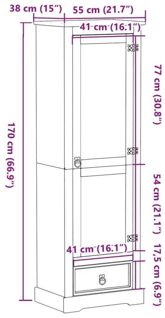 Ντουλάπα Corona 55x38x170 εκ. από Μασίφ Ξύλο Πεύκου - Καφέ