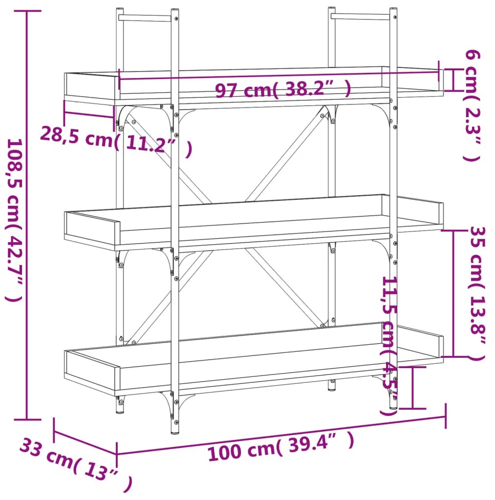 Βιβλιοθήκη 3 Επιπέδων Μαύρη 100x33x108,5 εκ. Επεξεργ. Ξύλο - Μαύρο