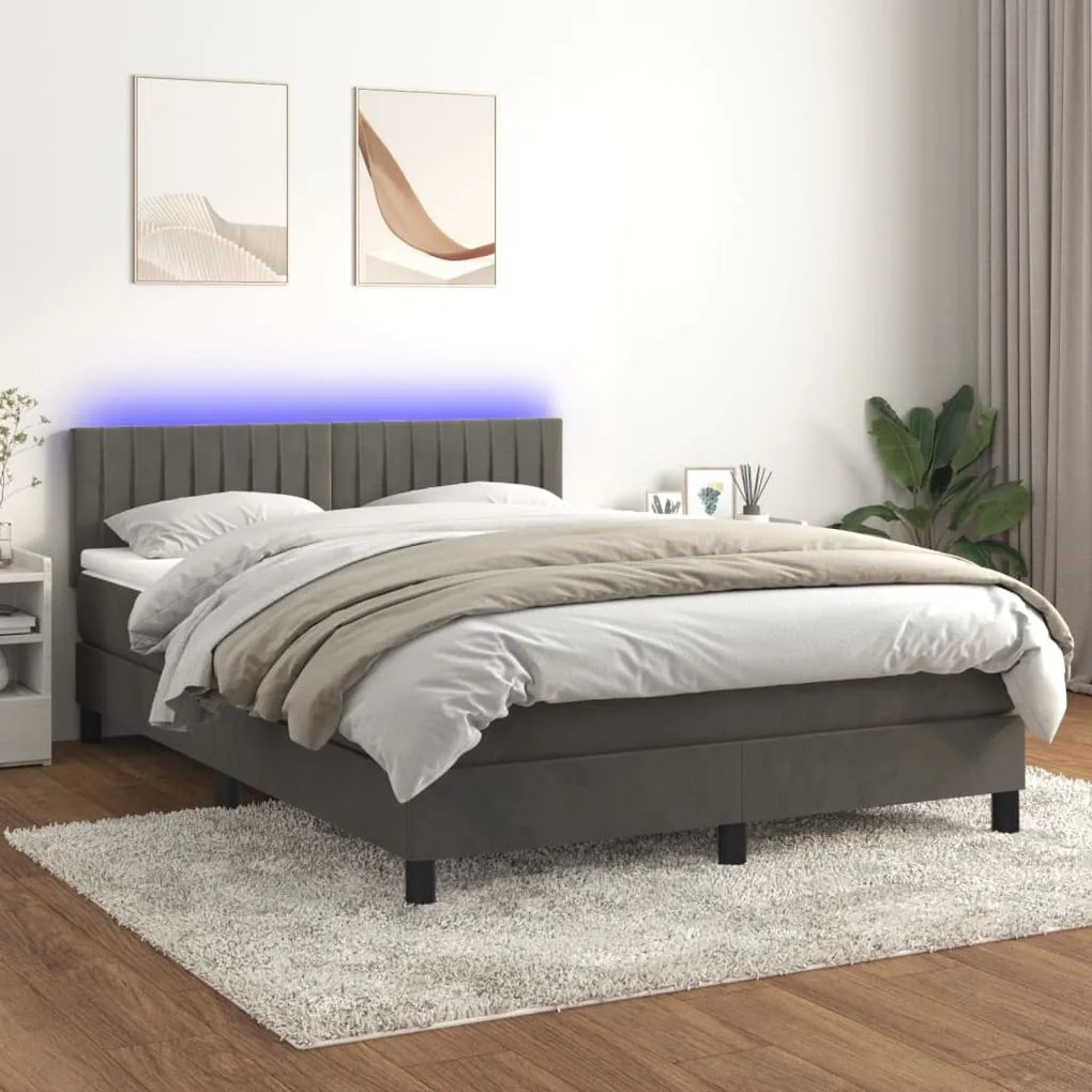 vidaXL Κρεβάτι Boxspring με Στρώμα &amp; LED Σκ. Γκρι 140x190εκ. Βελούδινο