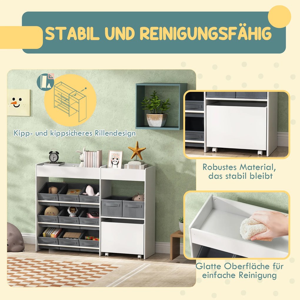 AIYAPLAY Παιδικό Ράφι Αποθήκευσης, Ντουλάπι παιχνιδιών για παιδιά με 11 υφασμάτινα κουτιά, επάνω ράφια, 3 αυτοκόλλητα, Λευκό