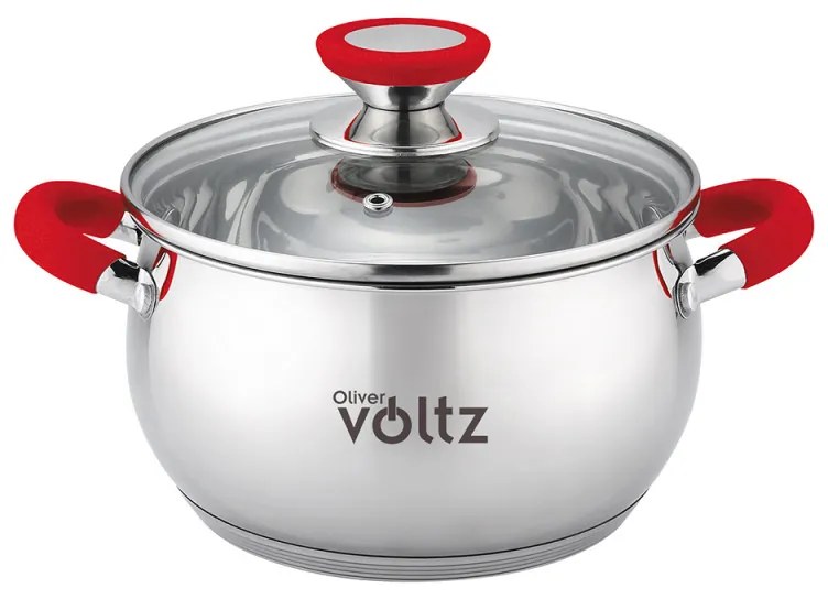 Κατσαρόλα Oliver Voltz OV51210N20, 20 cm, 3.5 l, Επαγωγή, Κόκκινες λαβές από σιλικόνη, Inox/Κόκκινος