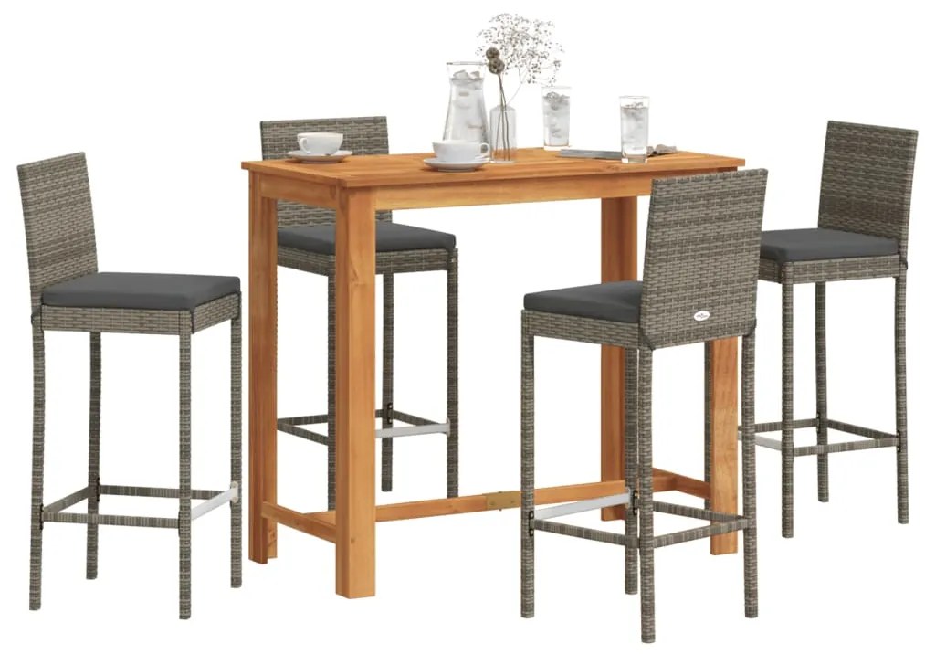 vidaXL Σετ Μπαρ Κήπου 5 Τεμ. Γκρι Μασίφ Ξύλο Ακακίας και Συνθ. Ρατάν