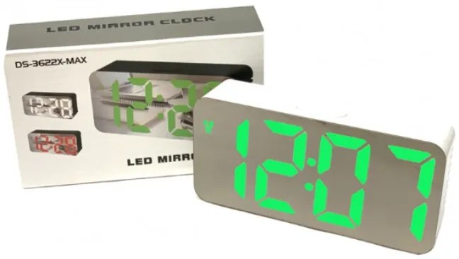LED ρολόι ξυπνητήρι καθρέφτης λευκό με πράσινα ψηφία DS-3622X OEM