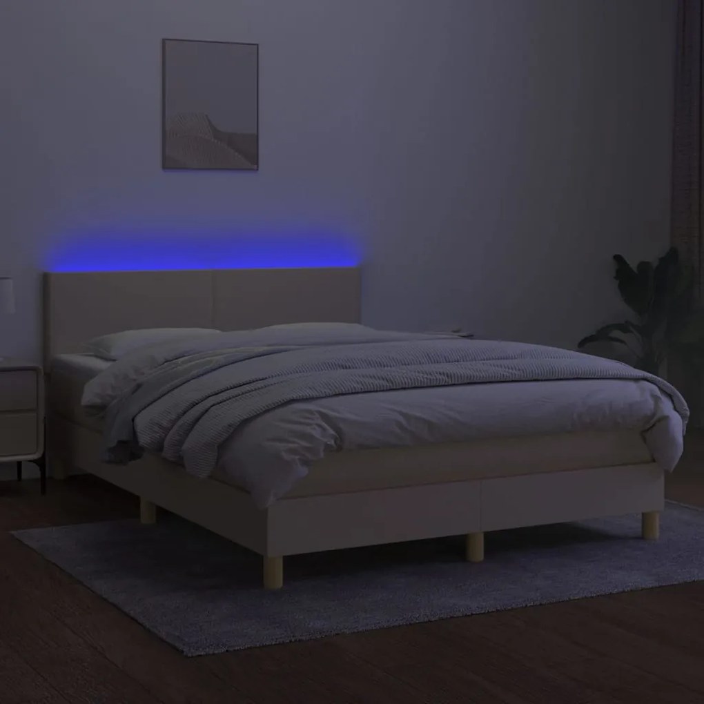 vidaXL Κρεβάτι Boxspring με Στρώμα & LED Κρεμ 140x200 εκ. Υφασμάτινο