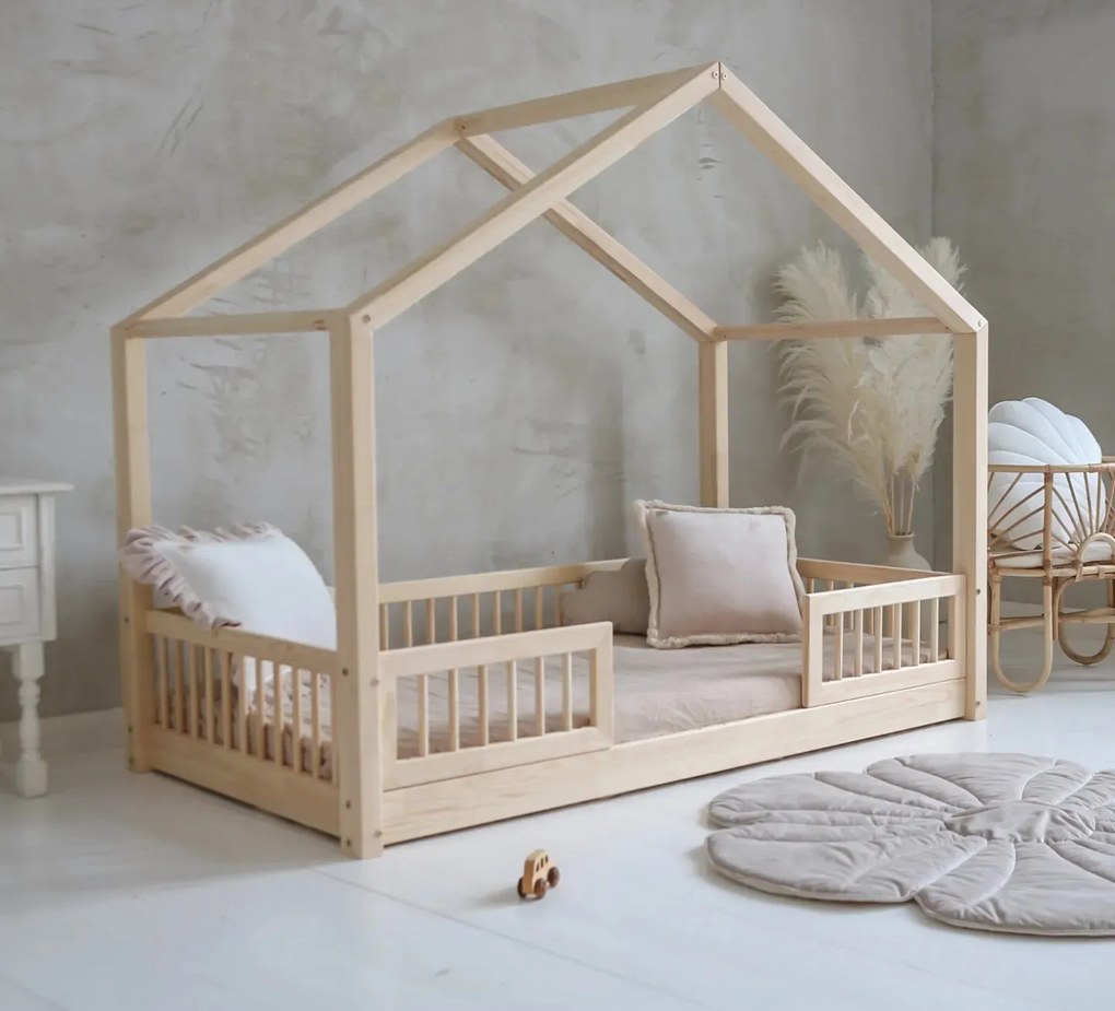 Κρεβάτι Παιδικό Montessori House Bed Duo με κάγκελα 23cm σε Φυσικό Χρώμα  Ξύλου  90×200cm  Luletto (Δώρο 10% έκπτωση στο Στρώμα)