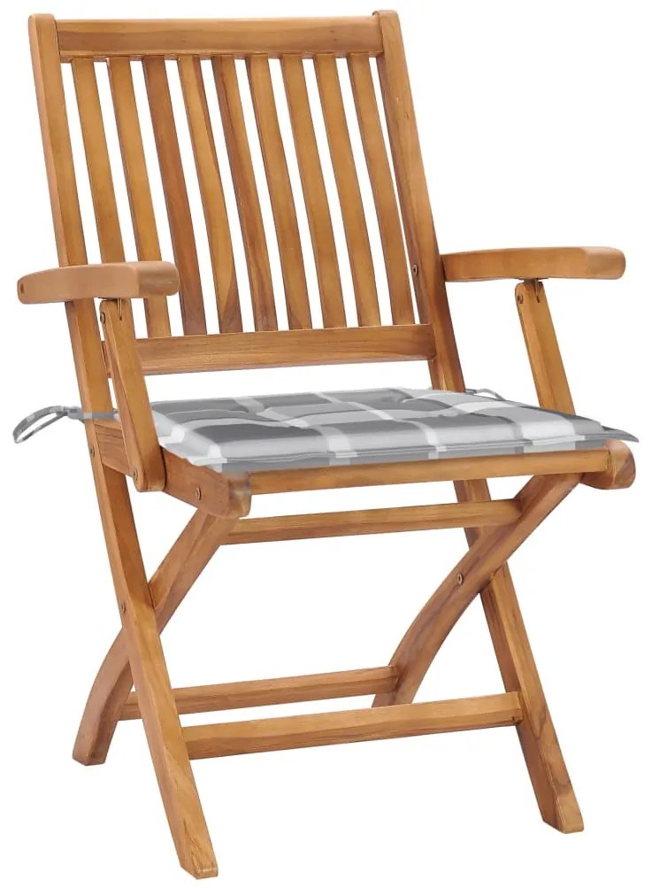 vidaXL Καρέκλες Κήπου 2 τεμ. από Μασίφ Ξύλο Teak & Γκρι Καρό Μαξιλάρια
