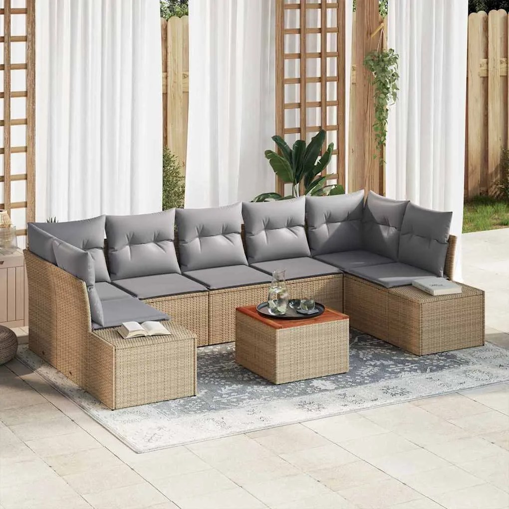 vidaXL Σετ Καναπέ Κήπου με μαξιλάρι 8 pcs Μπεζ Πολυ ράταν