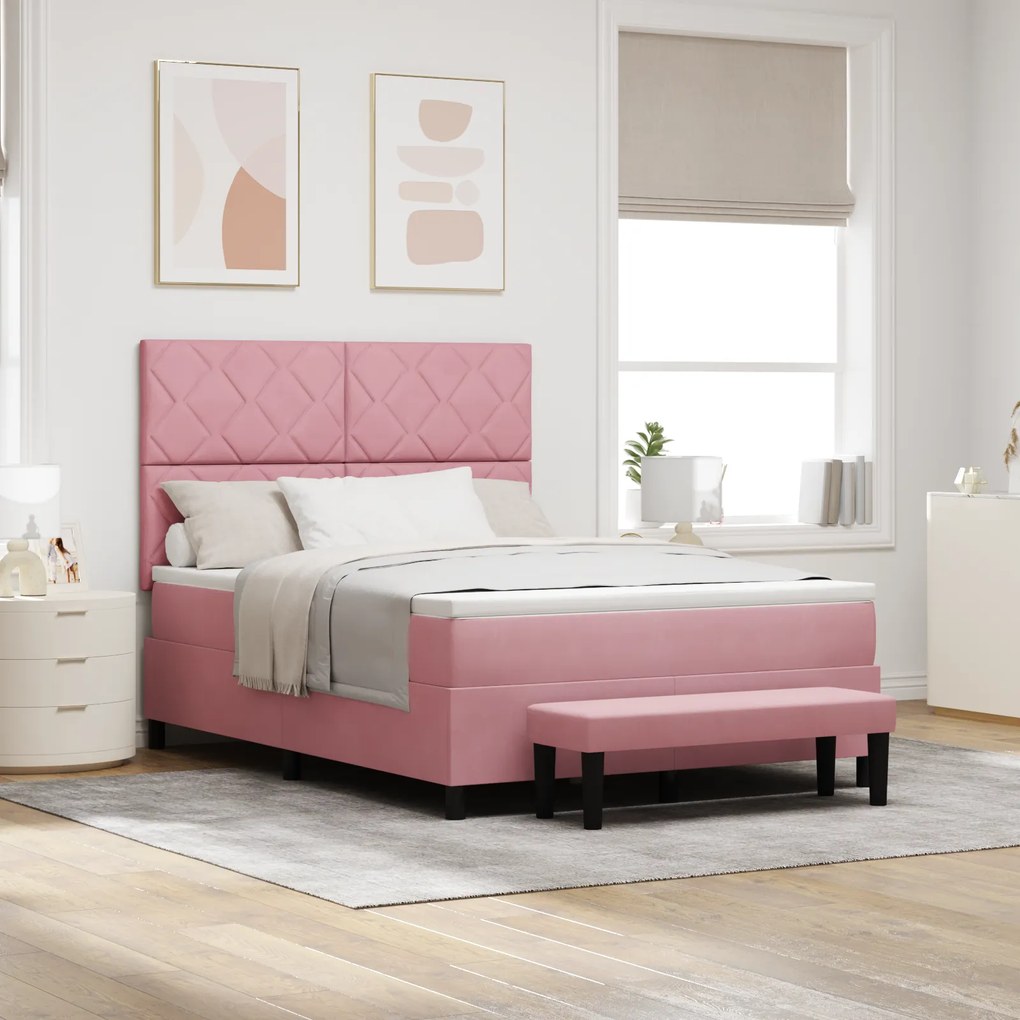 vidaXL Κρεβάτι Box Spring με Στρώμα & Πάγκο Ροζ 140x190 εκ Βελούδο