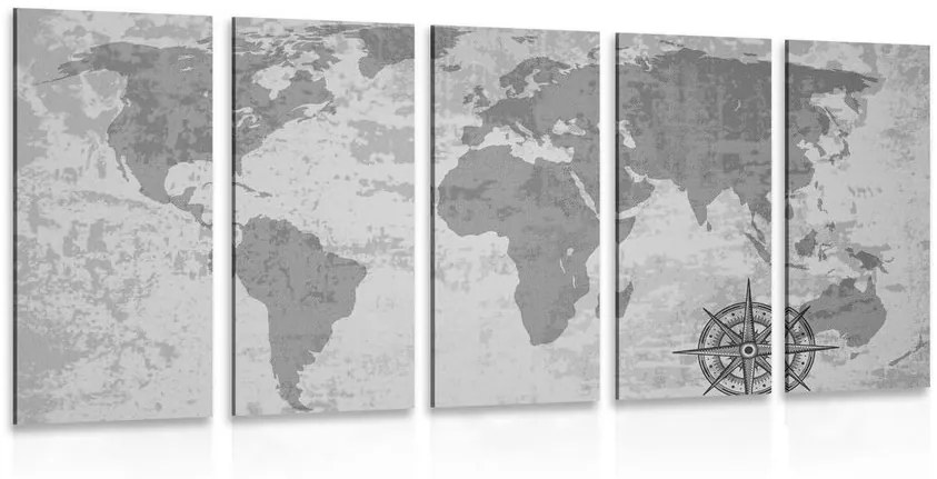 Χάρτης του παλιού κόσμου με 5 μέρη με πυξίδα σε ασπρόμαυρο - 100x50