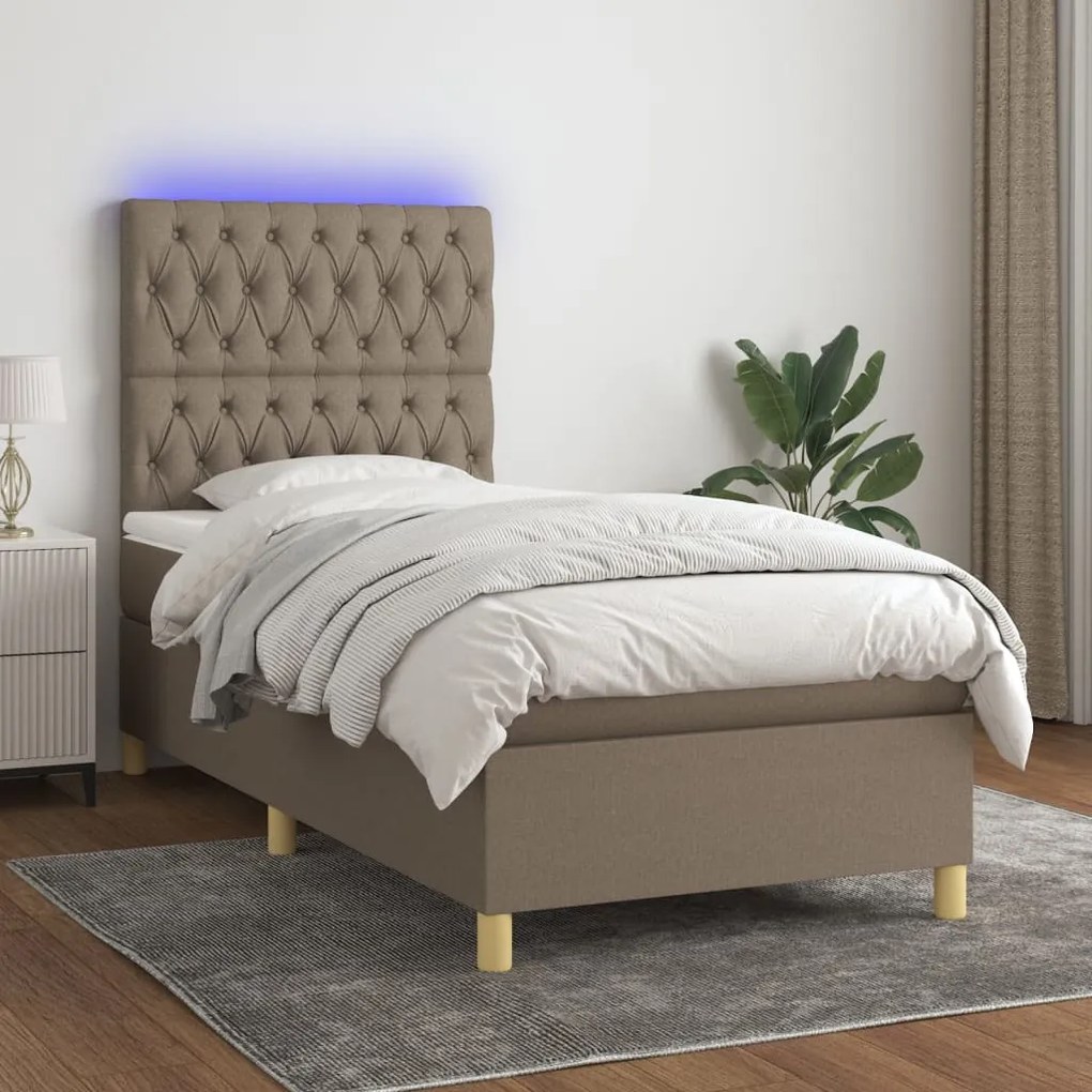 vidaXL Κρεβάτι Boxspring με Στρώμα &amp; LED Taupe 90x200 εκ. Υφασμάτινο