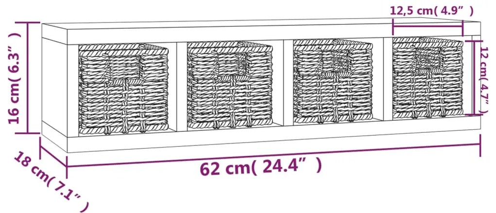 vidaXL Ράφι Τοίχου με Καλάθια 62 x 18 x 16 εκ. από Μασίφ Ξύλο Καρυδιάς