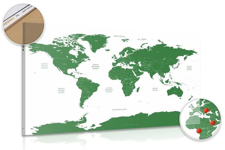 Εικόνα στον παγκόσμιο χάρτη φελλού με μεμονωμένες πολιτείες σε πράσινο - 90x60  wooden