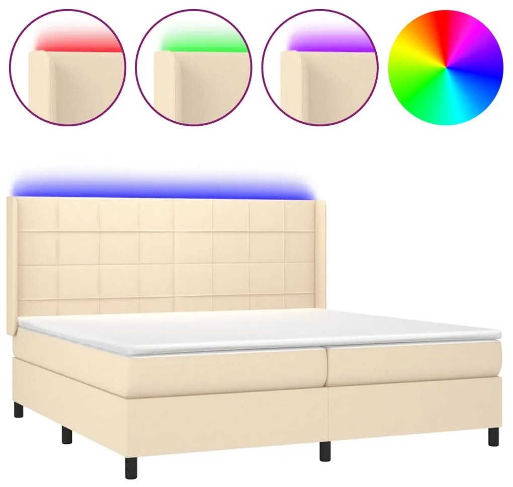 vidaXL Κρεβάτι Boxspring με Στρώμα & LED Κρεμ 200x200 εκ. Υφασμάτινο