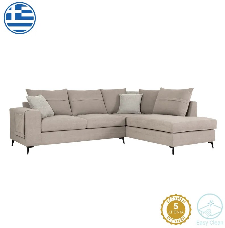 Γωνιακός καναπές αριστερή γωνία Montana pakoworld γκρι-μπεζ ύφασμα με μαξιλάρια σε απόχρωση ανοιχτό γκρι 275x215x93εκ