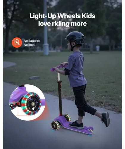 VEVOR Kick Scooter for Kids Ages 3+, 3-Wheel Toddler Scooter with Light-Up Wheels, Adjustable Height Handlebar, Wide Anti-Slip Deck, Lightweight Aluminum Frame for Boys & Girls up to 74.8 kg, Purple