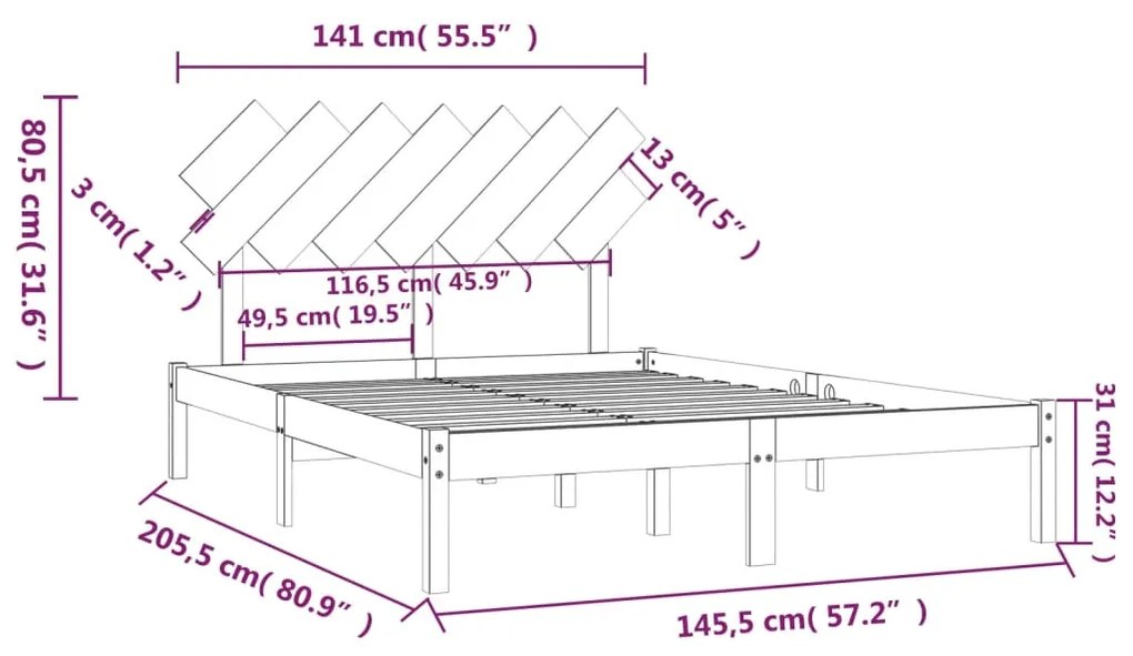 Πλαίσιο Κρεβατιού 140 x 200 εκ. από Μασίφ Ξύλο - Καφέ