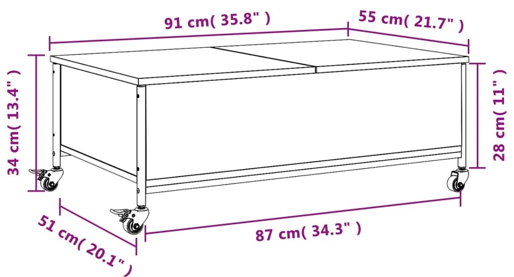 Τραπεζάκι Σαλονιού Ροδάκια Γκρι Sonoma 91x55x34 εκ. Επεξ. Ξύλο - Γκρι