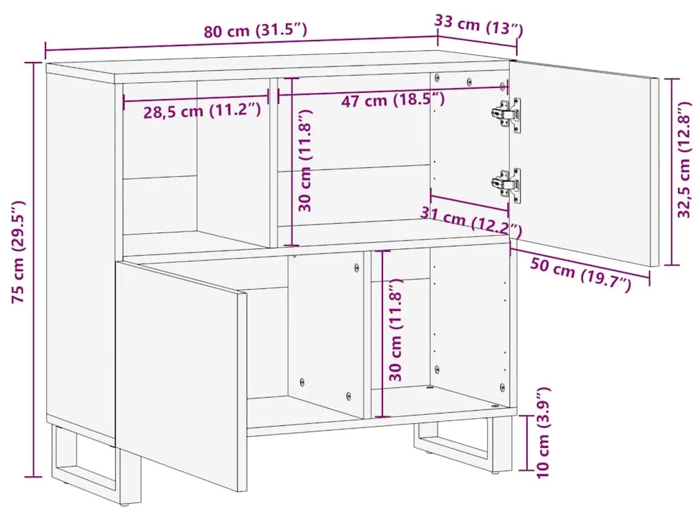 Σκευοθήκη Μαύρο 80x33x75 cm μασίφ ξύλο Μάνγκο - Μαύρο